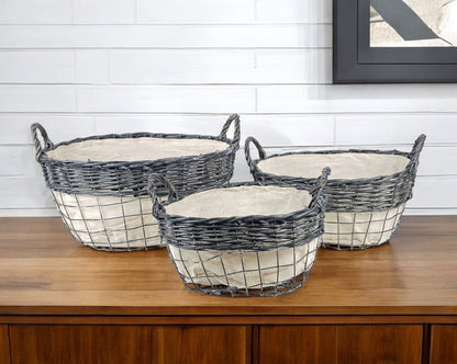 Set of Three Gray And Beige Iron And Wicker Baskets