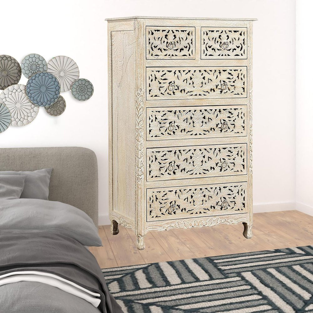 Cómoda de madera maciza blanca de 35" con seis cajones