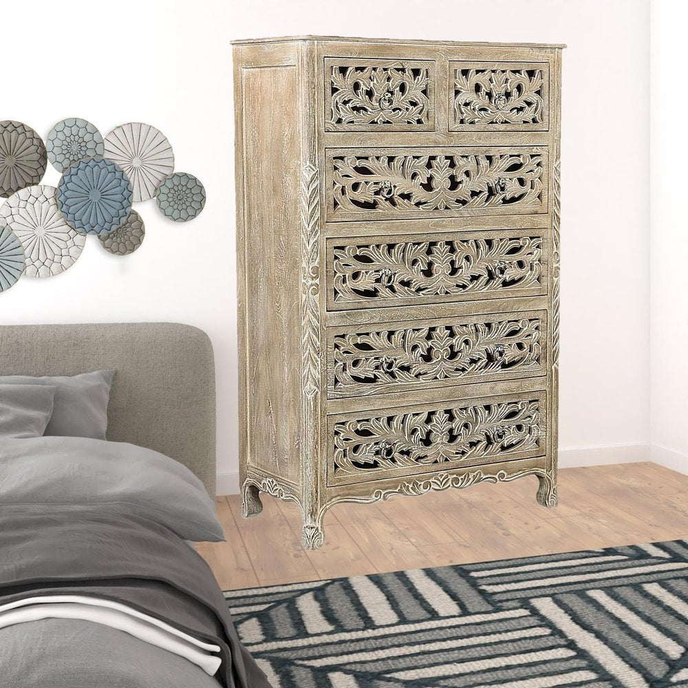 Cómoda de madera maciza blanca de 35" con seis cajones