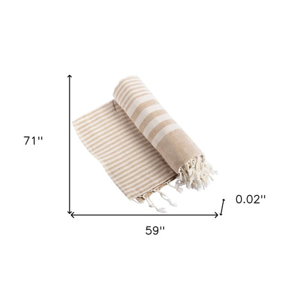 59" X 71" Beige and Ivory Cotton Striped Turkish Towel Throw Blanket with Tassels