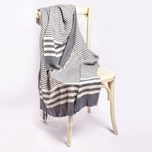59" X 71" Blue and White Cotton Plain Weave Striped Throw Blanket with Tassels