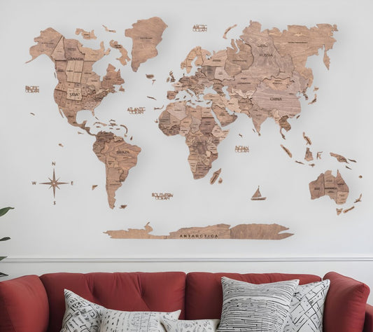47" X 79" Wood Brown Wood World Map Hanging Dimensional Sculpture