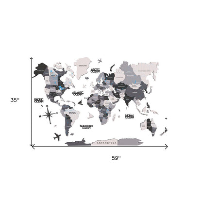 35" X 59" Black Gray and White Wood World Map Hanging Dimensional Sculpture