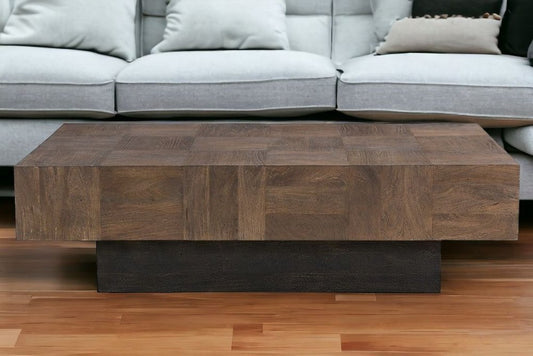 59" Dark Brown and Black Solid Wood Block Coffee Table