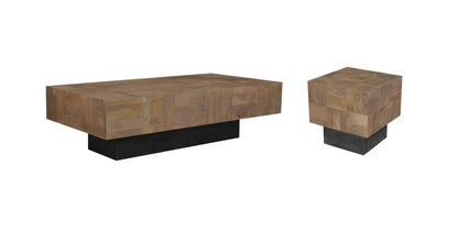 59" Dark Brown and Black Solid Wood Block Coffee Table