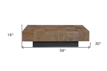 59" Dark Brown and Black Solid Wood Block Coffee Table