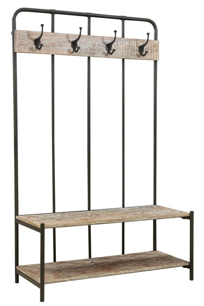 Perchero independiente de 180 cm con cuatro ganchos de madera maciza y metal negro y marrón