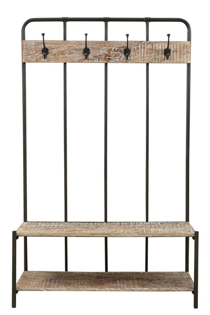 Perchero independiente de 180 cm con cuatro ganchos de madera maciza y metal negro y marrón