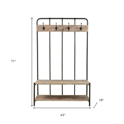 Perchero independiente de 180 cm con cuatro ganchos de madera maciza y metal negro y marrón