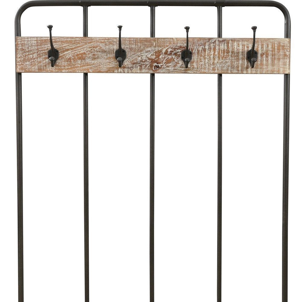 Perchero independiente de 180 cm con cuatro ganchos de madera maciza y metal negro y marrón