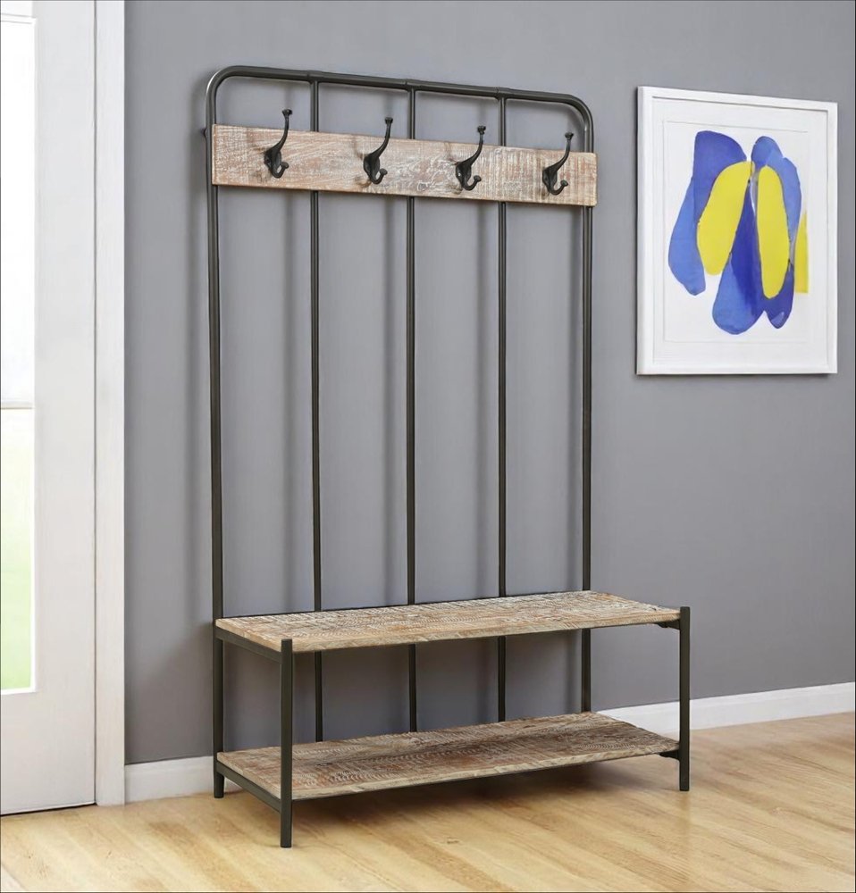 Perchero independiente de 180 cm con cuatro ganchos de madera maciza y metal negro y marrón