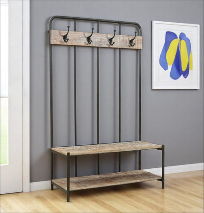 Perchero independiente de 180 cm con cuatro ganchos de madera maciza y metal negro y marrón