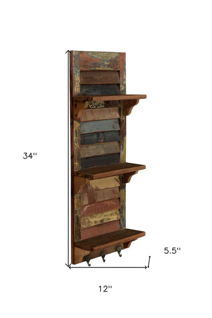 34" Brown And Multi Patina Reclaimed Wood Wall Mounted Shelf With Hooks