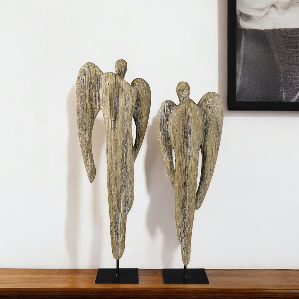 Set of Two Natural Solid Wood Angel Christmas Tabletop Sculpture