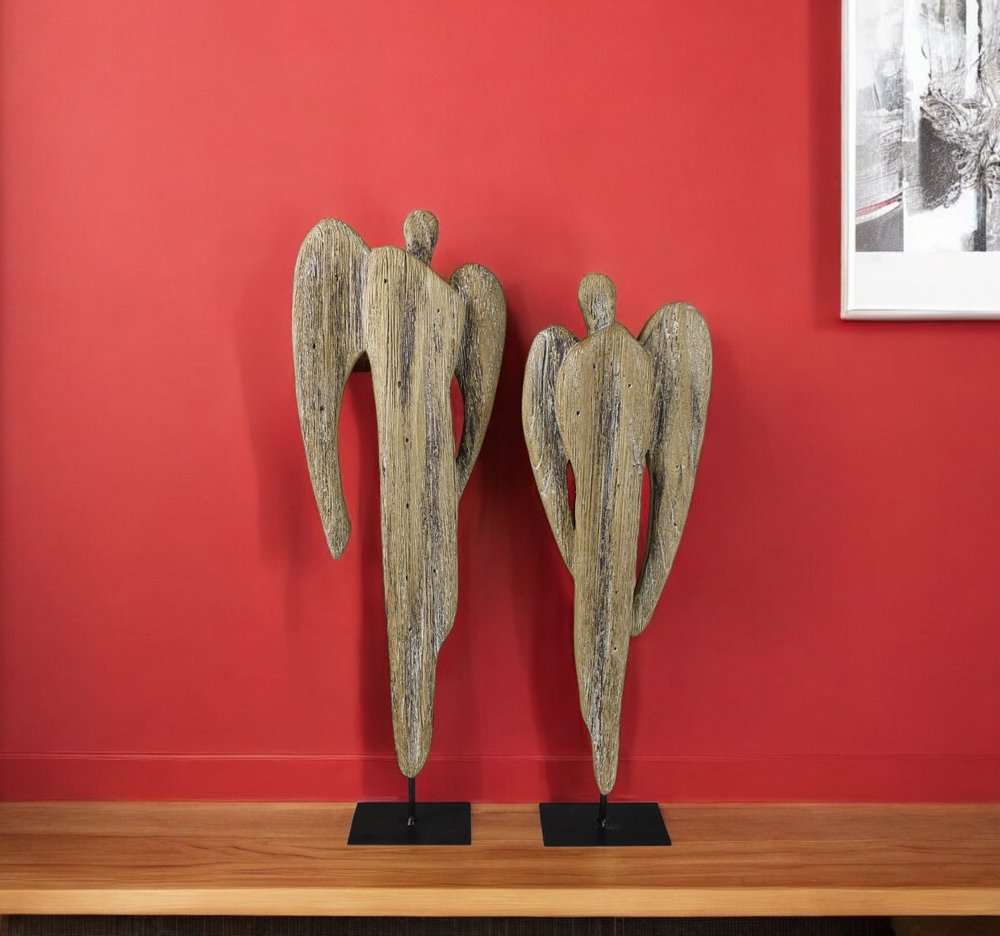 Set of Two Natural Solid Wood Angel Christmas Tabletop Sculpture