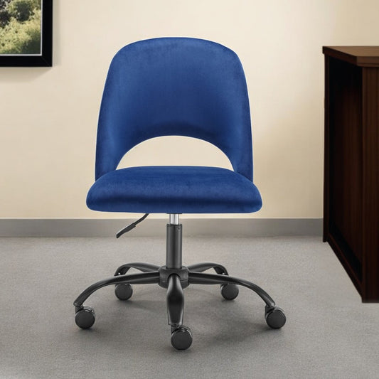 Blue And Black Steel And Velvet Adjustable Swivel Rolling Office Chair