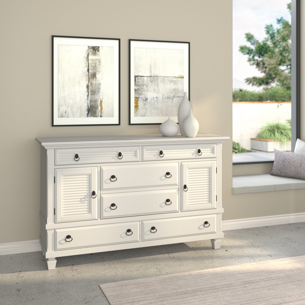 Cómoda doble de seis cajones de madera maciza blanca de 62"