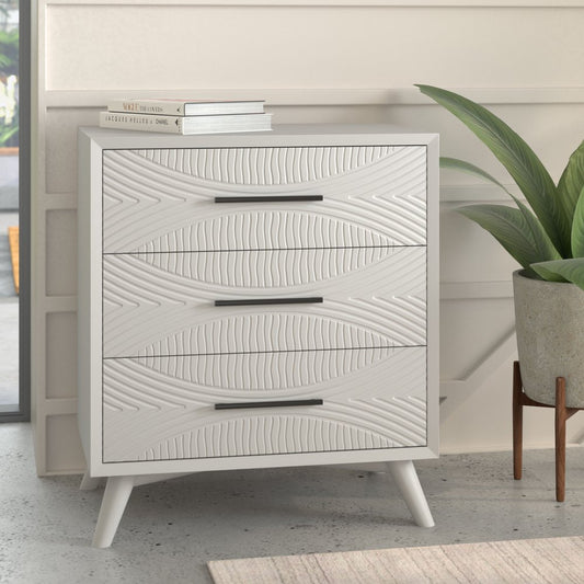 Cómoda de tres cajones de madera maciza tallada geométrica blanca de 34"
