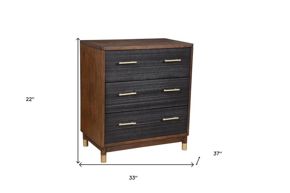 Cómoda de tres cajones de madera maciza marrón y negra de 33"