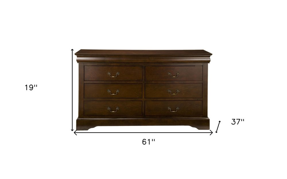 Cómoda doble de seis cajones de madera maciza marrón de 60"