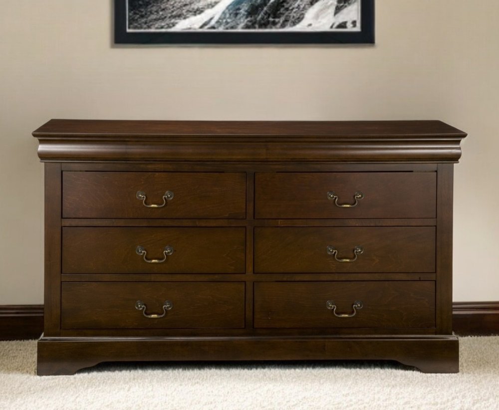 Cómoda doble de seis cajones de madera maciza marrón de 60"
