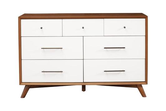 Cómoda doble de siete cajones de madera maciza marrón y blanca de 56"