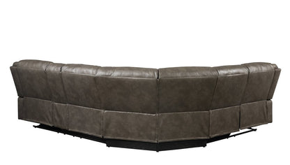 Seccional esquinero reclinable en forma de L de seis piezas de piel sintética color topo con consola