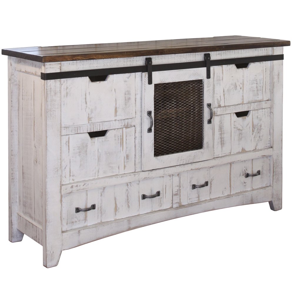 Cómoda triple de seis cajones de madera maciza blanca envejecida de 62"