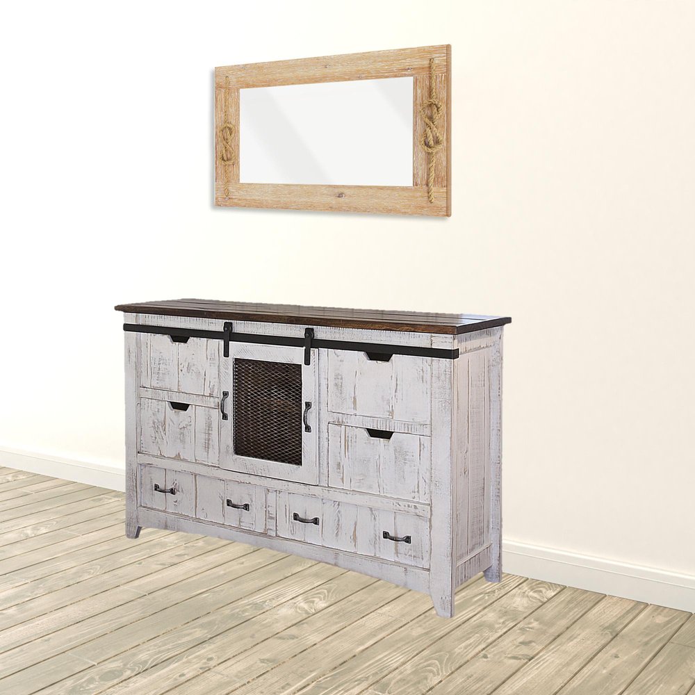 Cómoda triple de seis cajones de madera maciza blanca envejecida de 62"