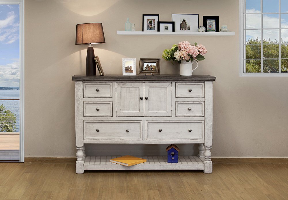 Cómoda triple de seis cajones de madera maciza gris y marfil de 62"