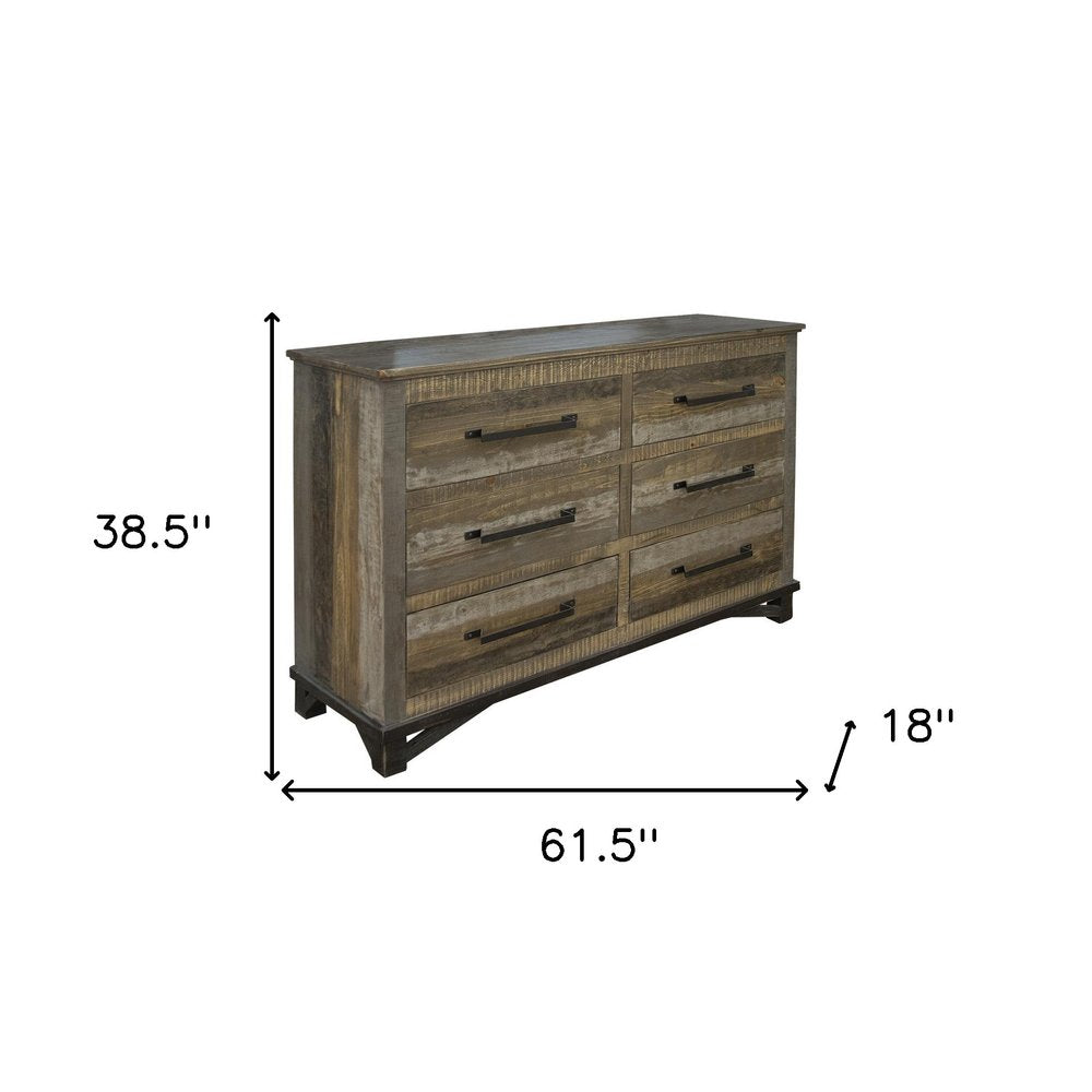 Cómoda doble de seis cajones de madera maciza marrón de 62"