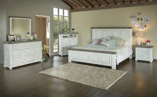Cómoda triple de 62" de madera maciza gris y marfil con nueve cajones