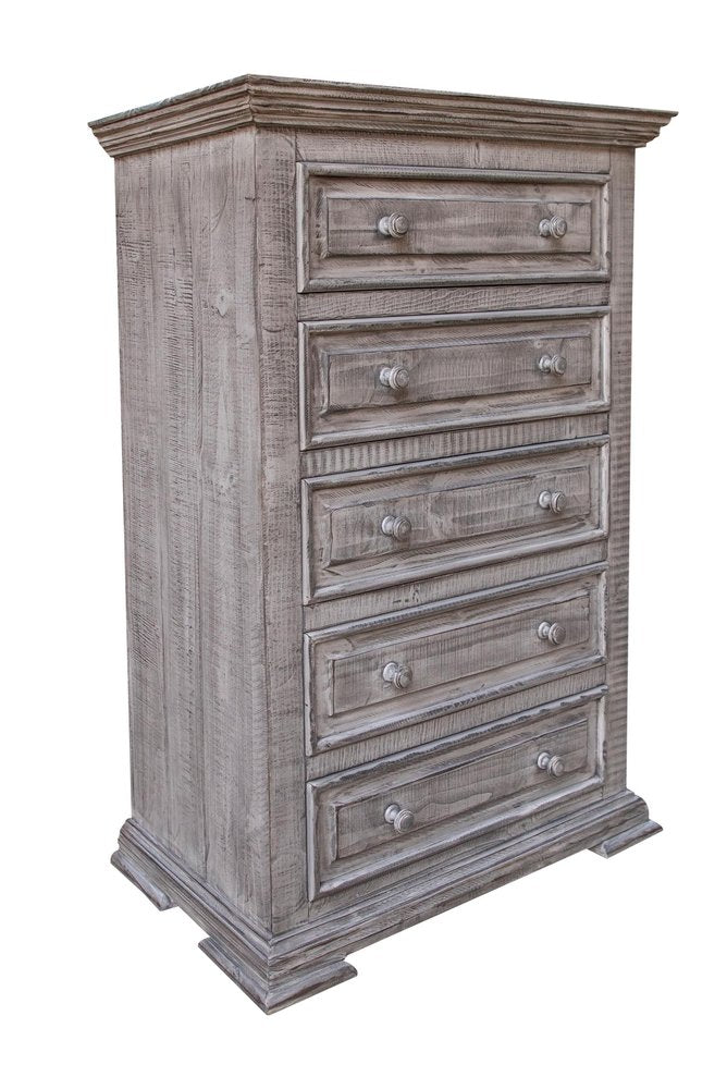 Cómoda de cinco cajones de madera maciza gris de 37"