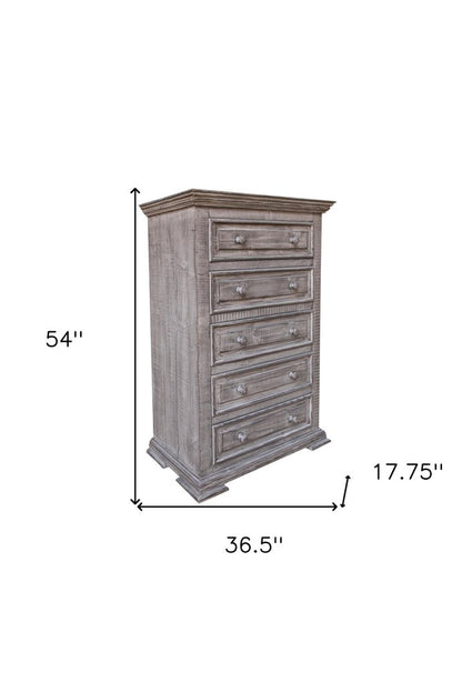 Cómoda de cinco cajones de madera maciza gris de 37"
