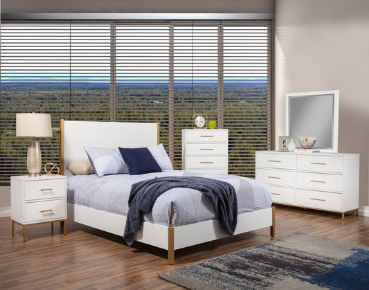 Marco de cama completo de madera maciza y tapizado en blanco y natural
