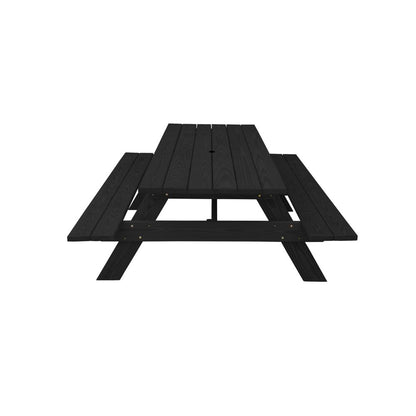 Juego de comedor de madera maciza negra con dos bancos y orificio para sombrilla