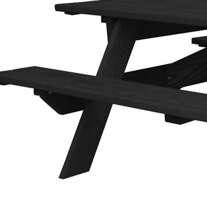 Juego de comedor de madera maciza negra con dos bancos y orificio para sombrilla