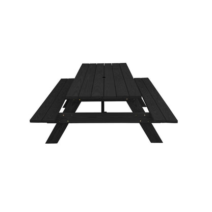 Juego de comedor de madera maciza negra con dos bancos y orificio para sombrilla