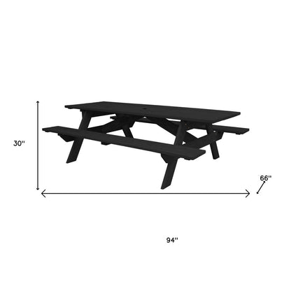 Juego de comedor de madera maciza negra con dos bancos y orificio para sombrilla