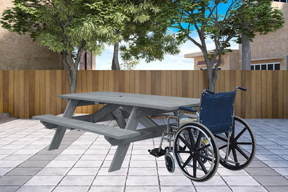Mesa de picnic al aire libre de madera maciza gris con agujero para sombrilla