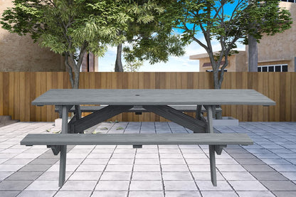 Mesa de picnic al aire libre de madera maciza gris con agujero para sombrilla