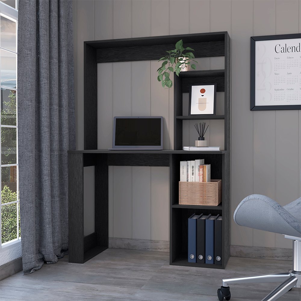 58" Black Wood Computer Desk With Hutch