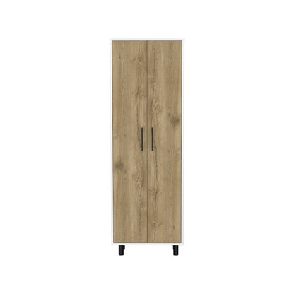 Conjunto de dos islas de cocina y armarios de despensa de madera de roble y blanco