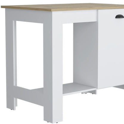 Conjunto de dos islas de cocina y armarios de despensa de madera de roble y blanco