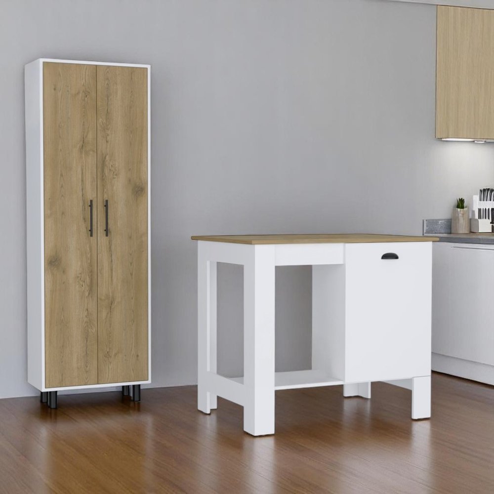 Conjunto de dos islas de cocina y armarios de despensa de madera de roble y blanco