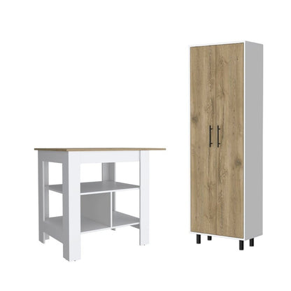 Isla de cocina de madera natural y blanca de 41" con espacio de almacenamiento