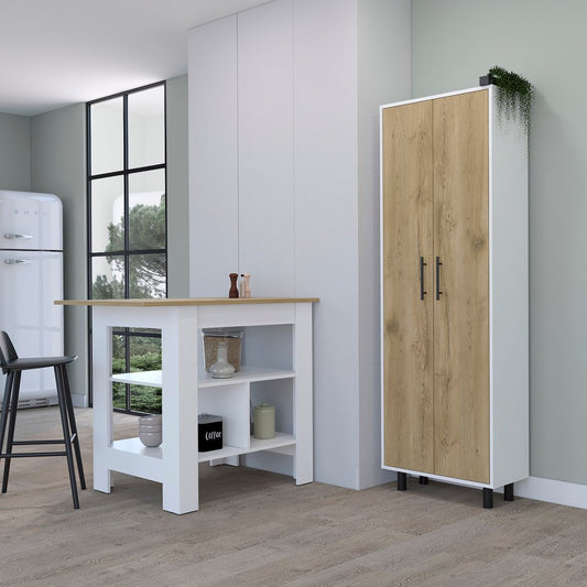 Isla de cocina de madera natural y blanca de 41" con espacio de almacenamiento