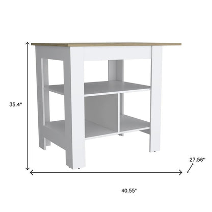Isla de cocina de madera natural y blanca de 41" con espacio de almacenamiento