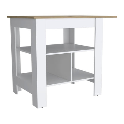 Isla de cocina de madera natural y blanca de 41" con espacio de almacenamiento