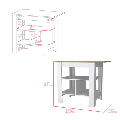 Isla de cocina de madera natural y blanca de 41" con espacio de almacenamiento
